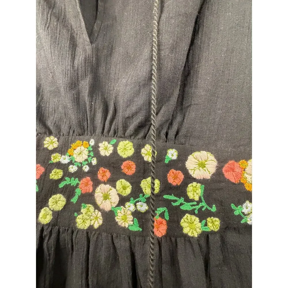 Vintage Black Embroidered Boho Peasant‎ Mini Dress Pom Pom Tassel Tunic